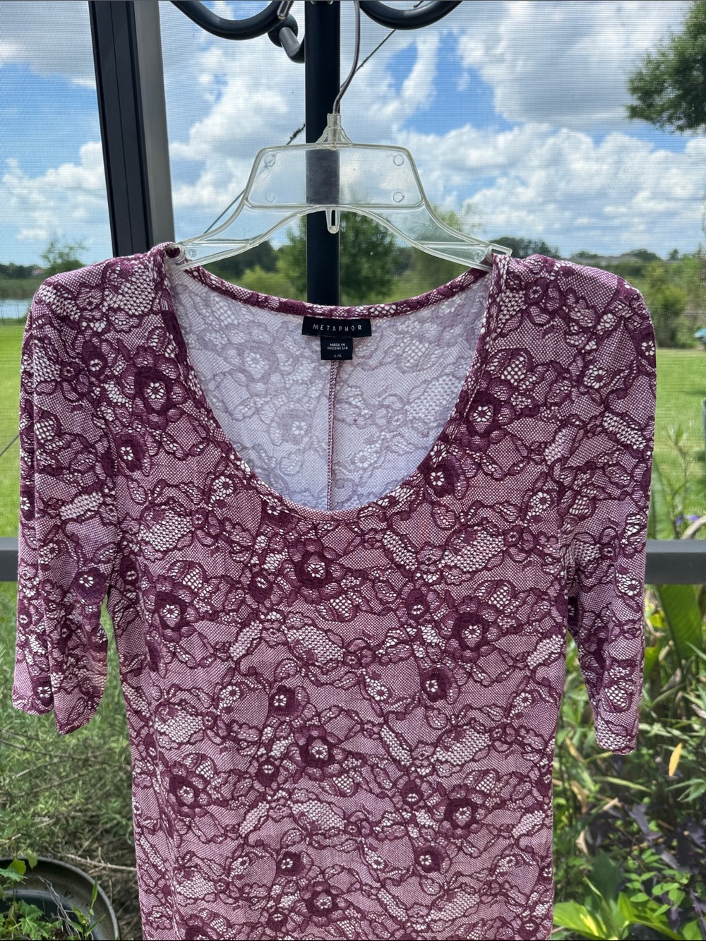 Metaphor Plum and white Lace print Fitted short sleeve Midi Dress